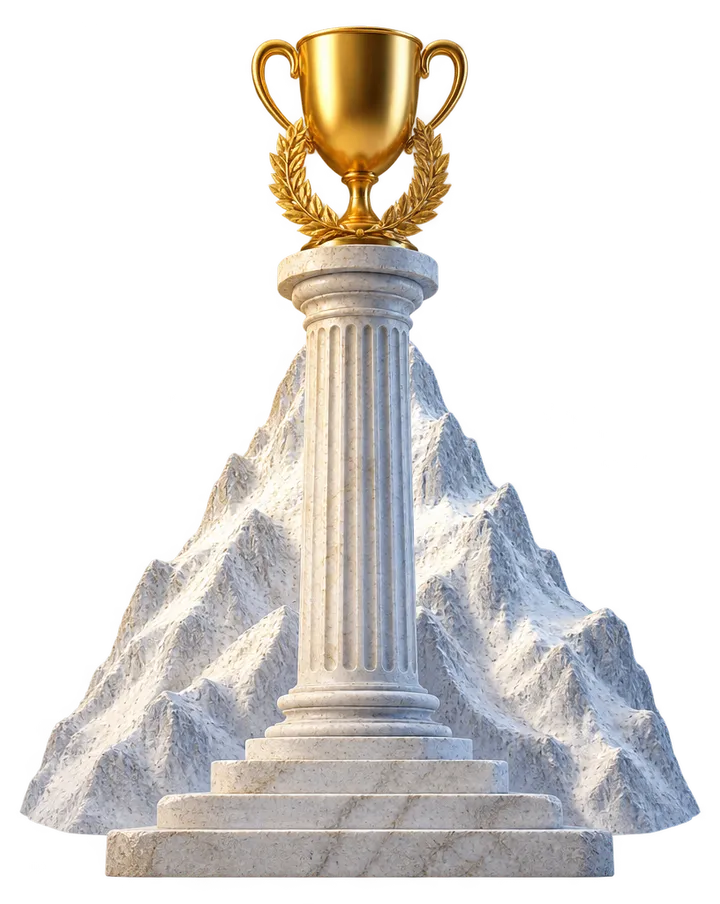 A marble column topped with a gold trophy and laurel wreath, rising in front of a mountain peak