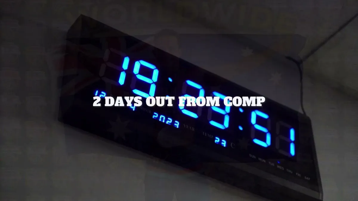 A clock reading two days out from comp